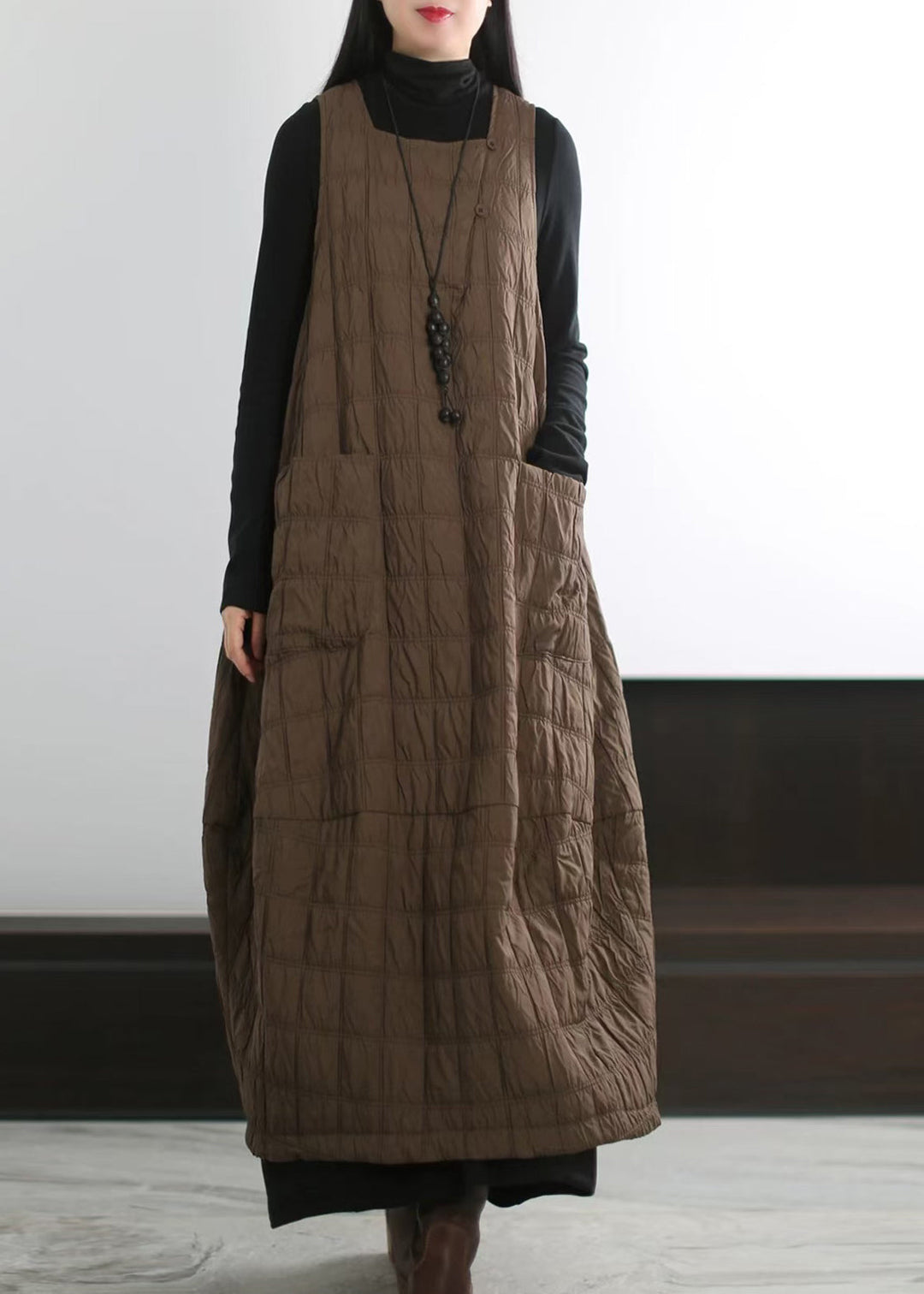 Chic Coffee Oversized Pockets Fine Cotton Filled Long Dress Winter