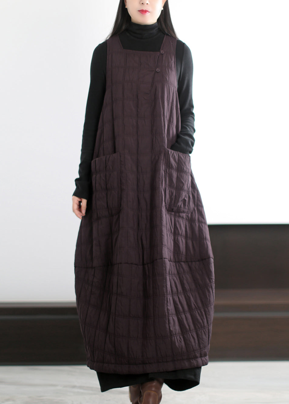 Chic Coffee Oversized Pockets Fine Cotton Filled Long Dress Winter