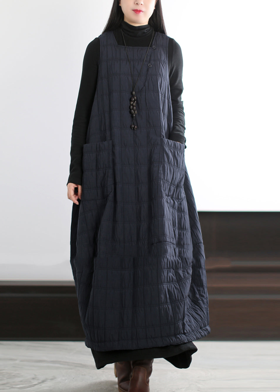 Chic Coffee Oversized Pockets Fine Cotton Filled Long Dress Winter