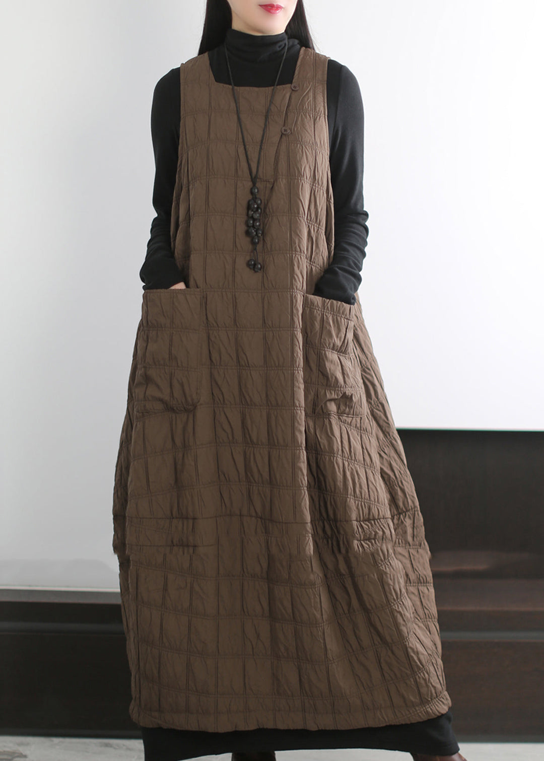 Chic Coffee Oversized Pockets Fine Cotton Filled Long Dress Winter