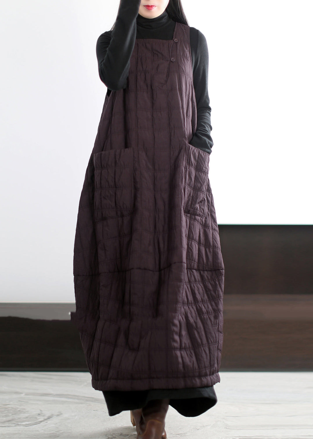 Chic Coffee Oversized Pockets Fine Cotton Filled Long Dress Winter