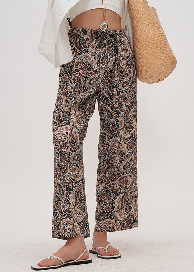 Chic Coffee Print Drawstring Cotton Crop Pants Summer