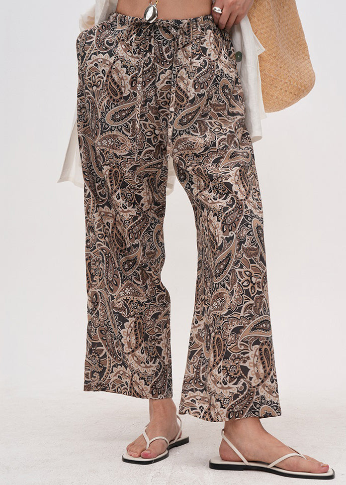Chic Coffee Print Drawstring Cotton Crop Pants Summer