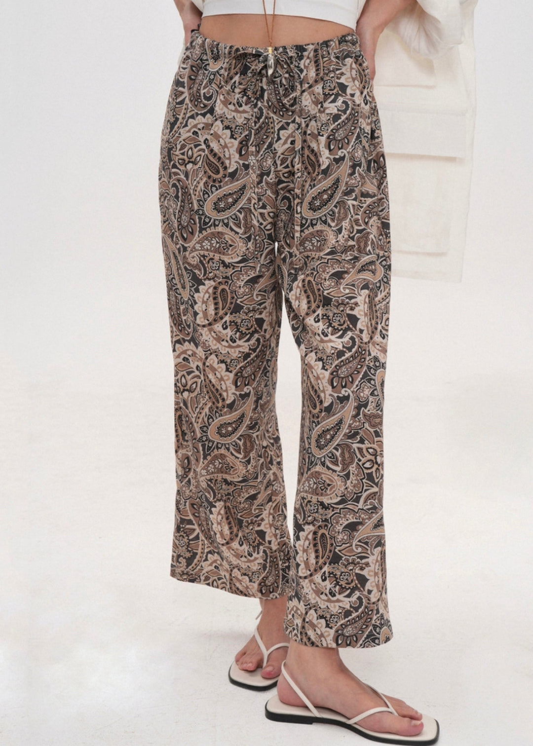 Chic Coffee Print Drawstring Cotton Crop Pants Summer