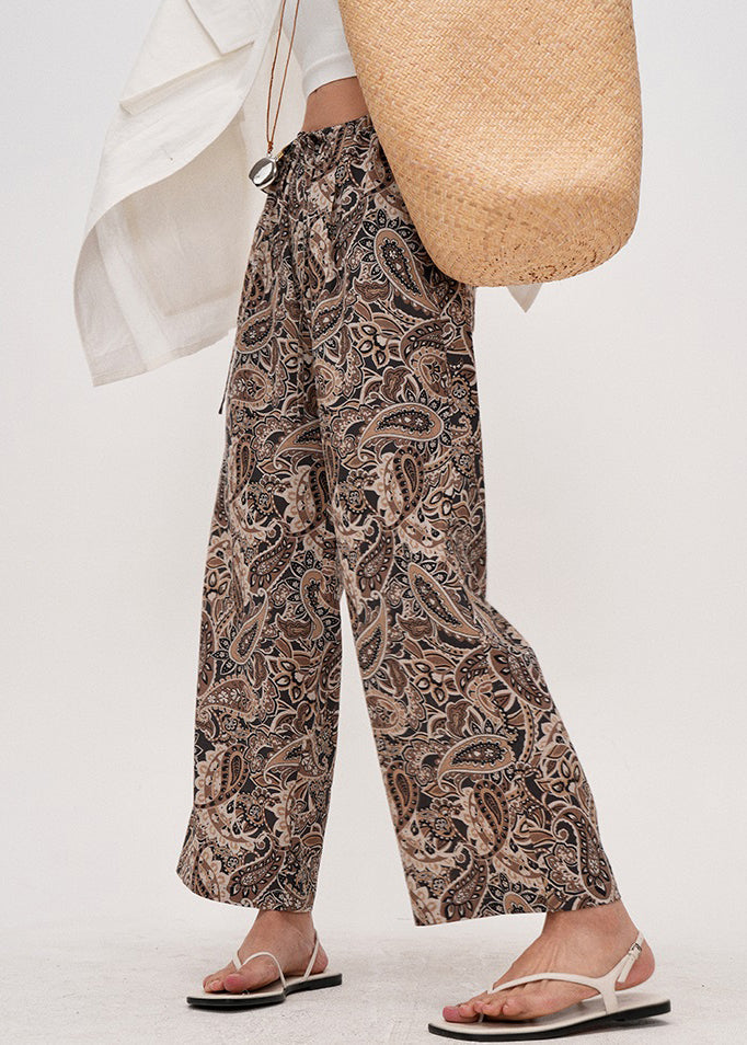 Chic Coffee Print Drawstring Cotton Crop Pants Summer