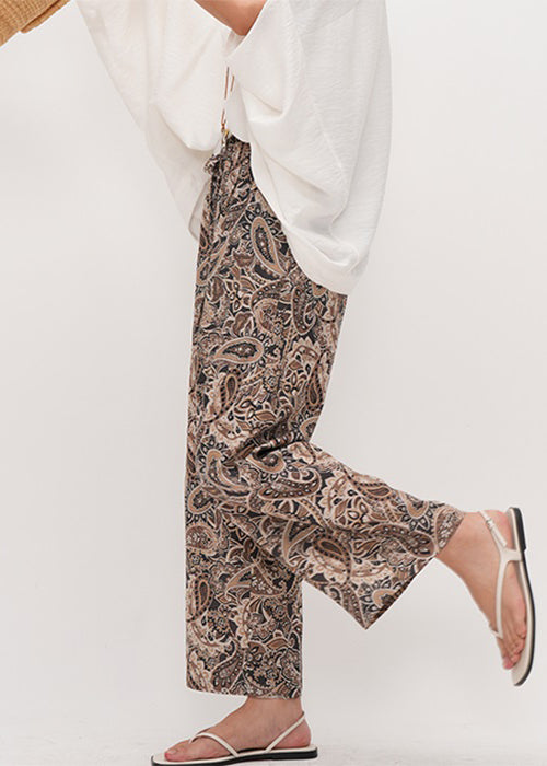 Chic Coffee Print Drawstring Cotton Crop Pants Summer