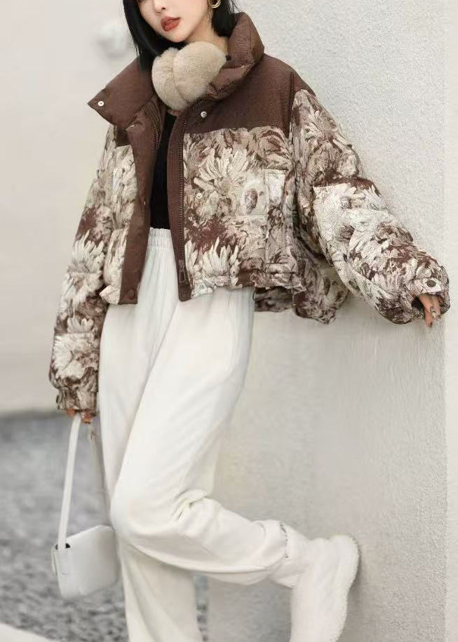 Chic Coffee Print Drawstring Duck Down Puffers Coats Winter