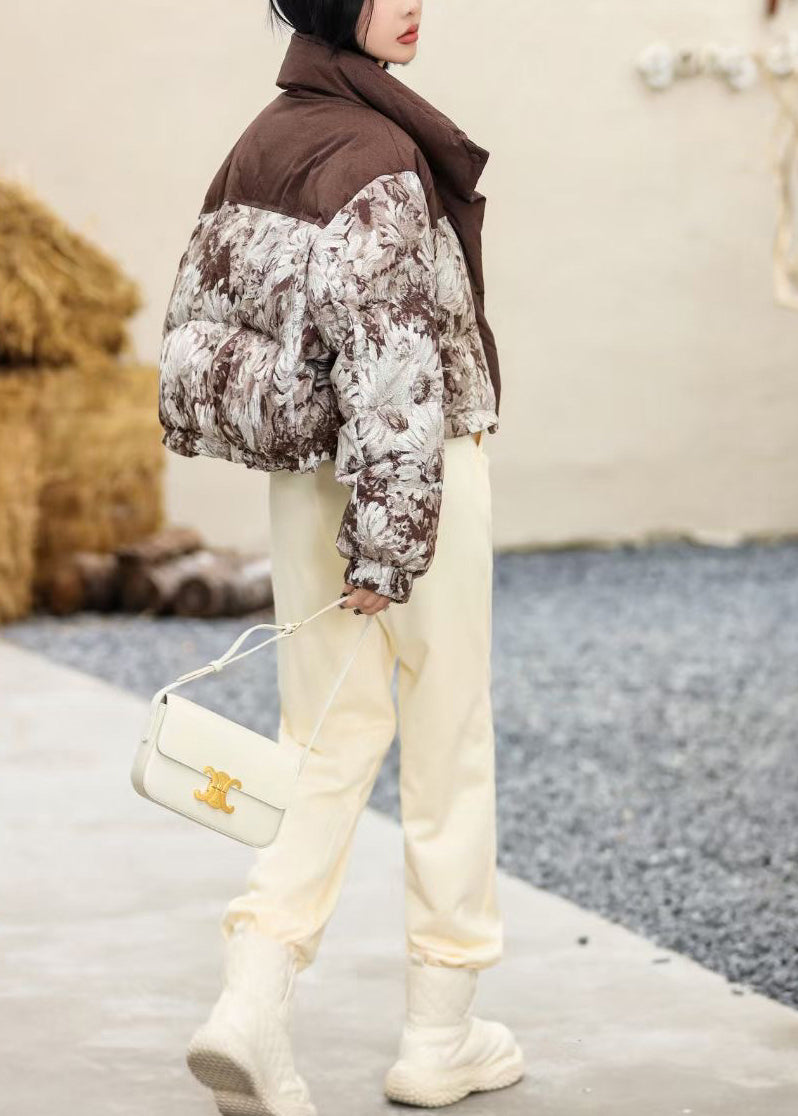 Chic Coffee Print Drawstring Duck Down Puffers Coats Winter