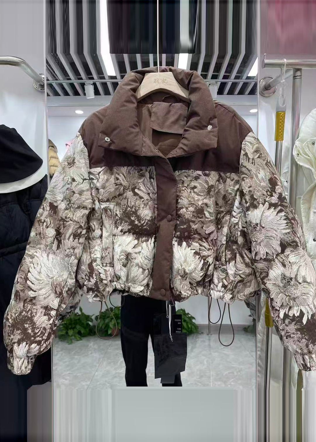 Chic Coffee Print Drawstring Duck Down Puffers Coats Winter