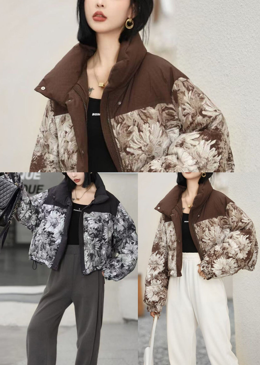 Chic Coffee Print Drawstring Duck Down Puffers Coats Winter