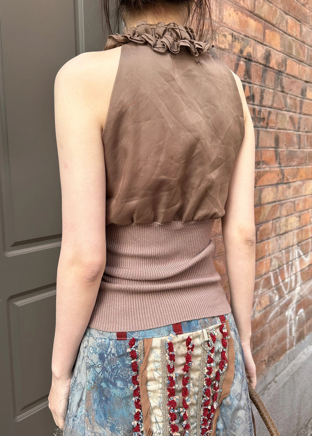 Chic Coffee Ruffled Lace Up Knit Patchwork Tank Sleeveless