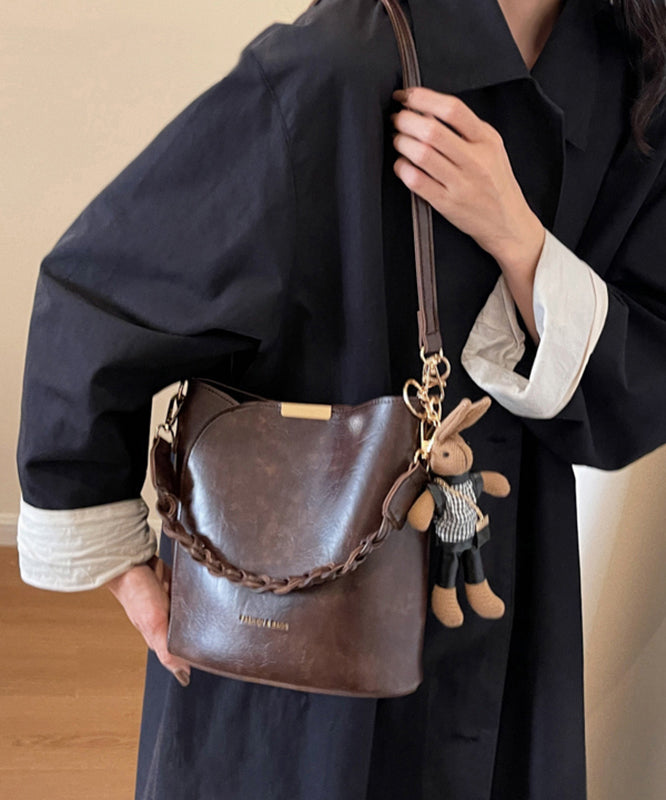 Chic Coffee Solid Durable Versatile Faux Leather Bucket Bag