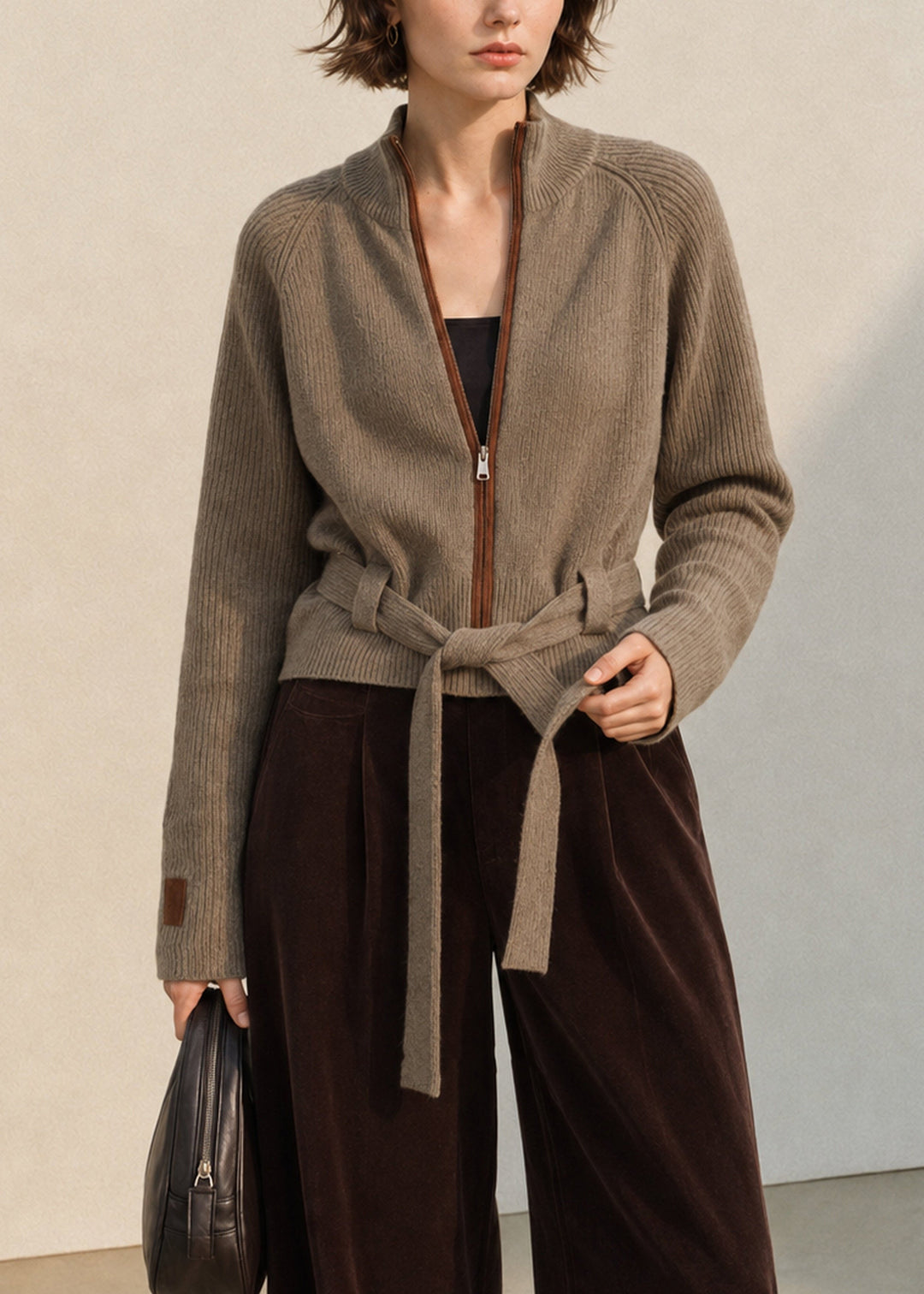 Chic Coffee Stand Collar Zip Up Lace Up Wool Knit Cardigan Fall