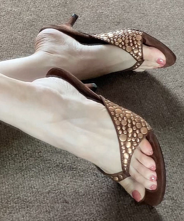 Chic Coffee Suede Riveted High Heel Flip Flops