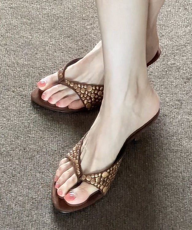 Chic Coffee Suede Riveted High Heel Flip Flops