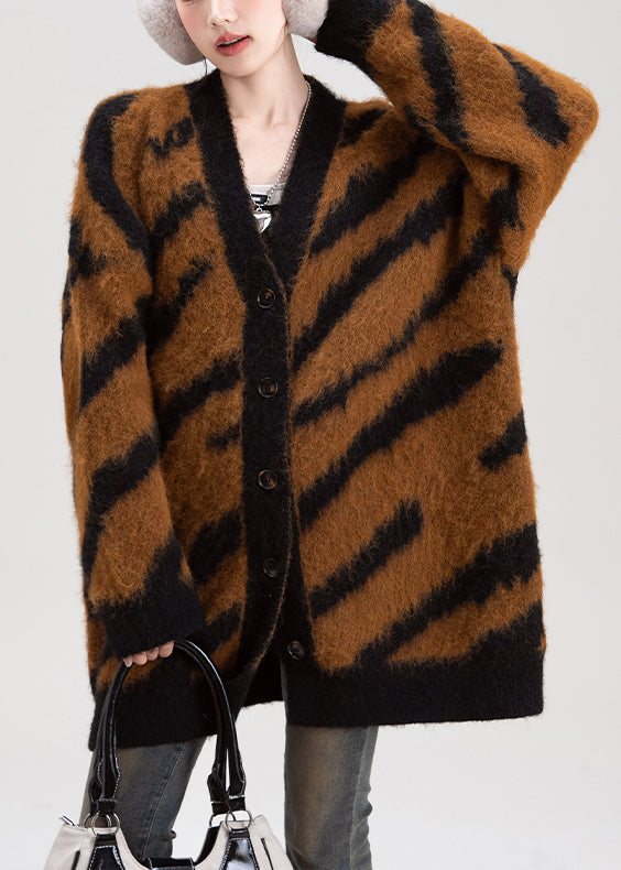 Chic Coffee V Neck Striped Button Knit Cardigans Fall