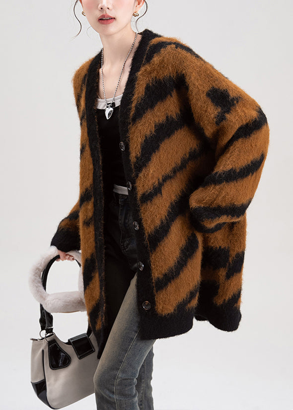 Chic Coffee V Neck Striped Button Knit Cardigans Fall