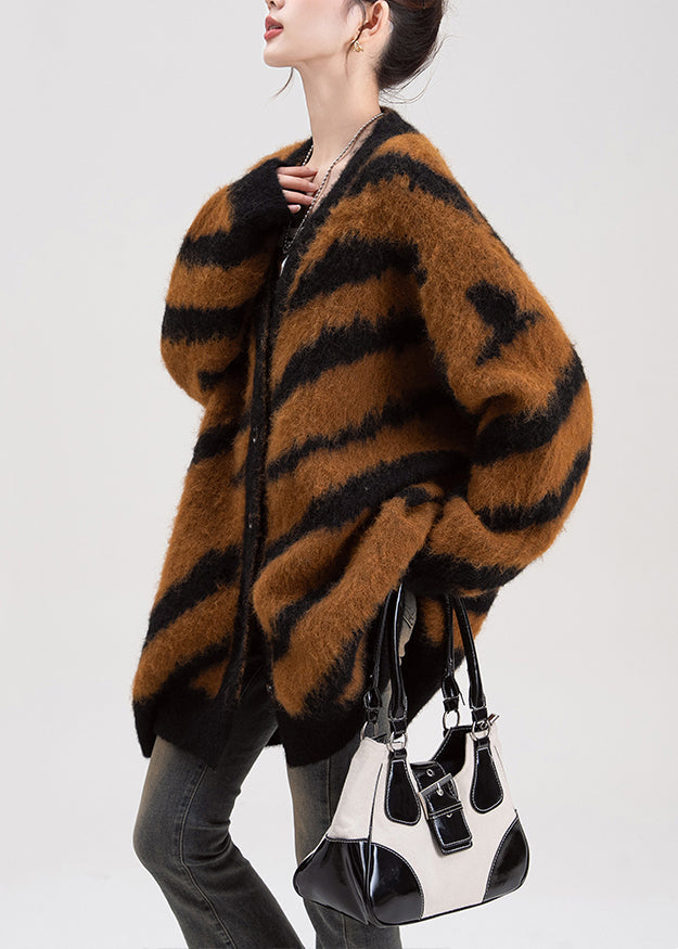 Chic Coffee V Neck Striped Button Knit Cardigans Fall