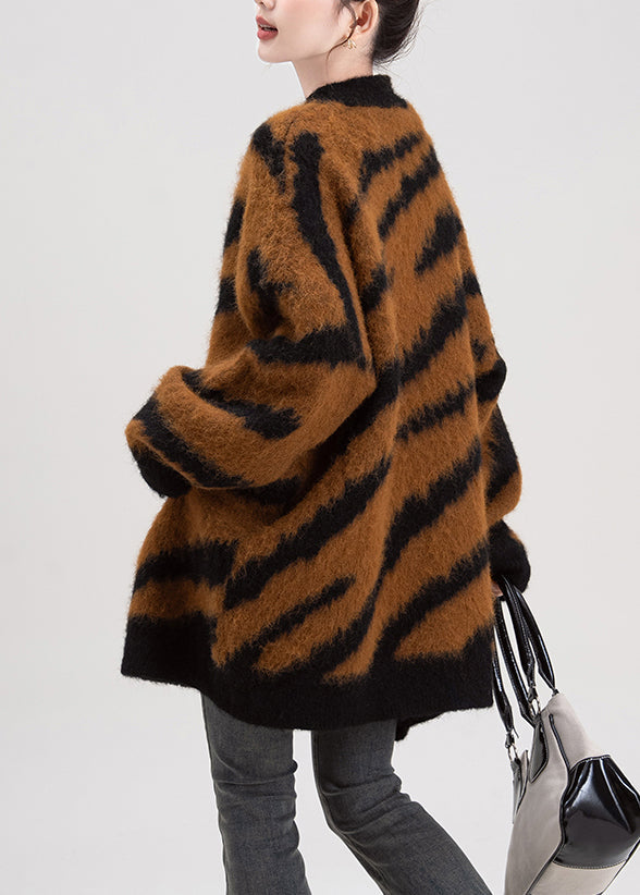 Chic Coffee V Neck Striped Button Knit Cardigans Fall