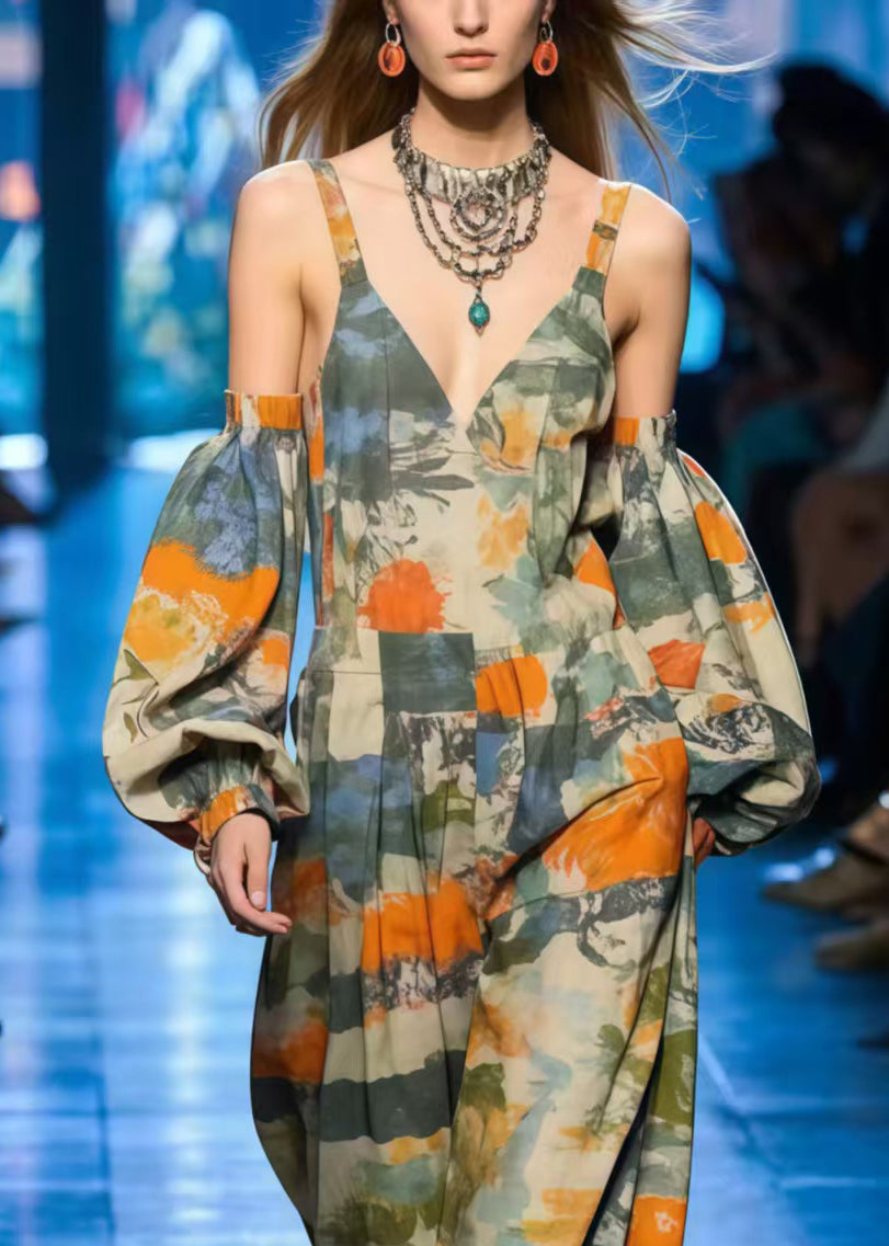 Chic Cold Shoulder Print Cotton Jumpsuit Lantern Sleeve