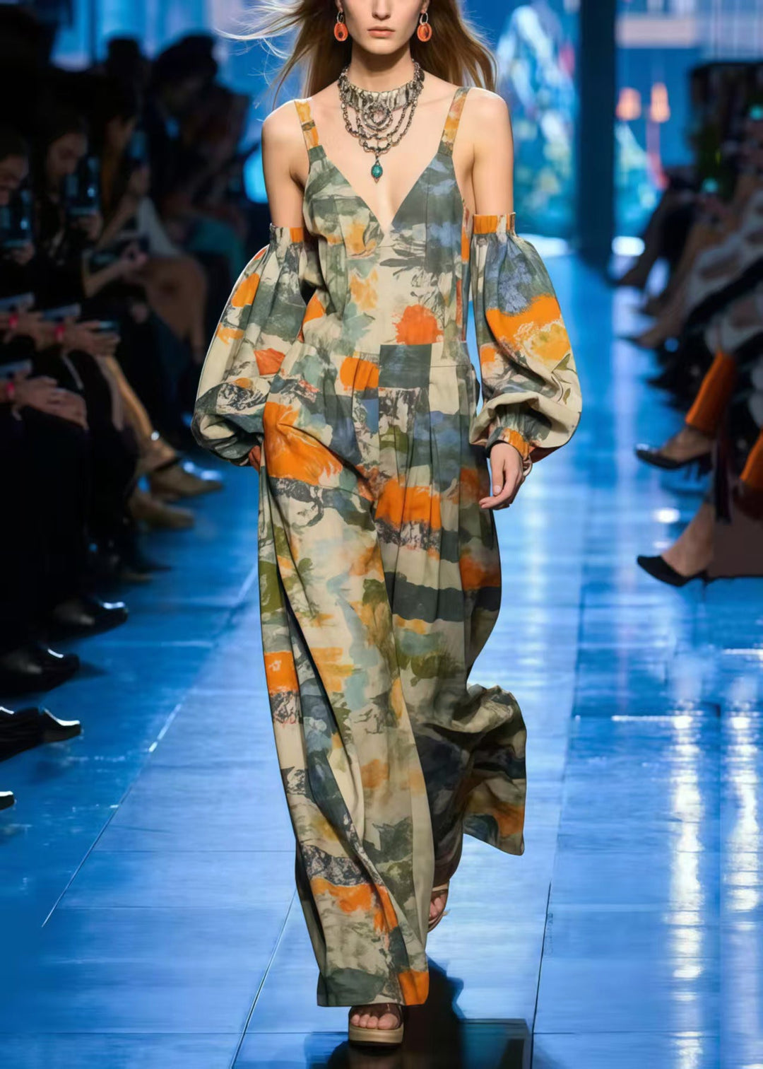 Chic Cold Shoulder Print Cotton Jumpsuit Lantern Sleeve
