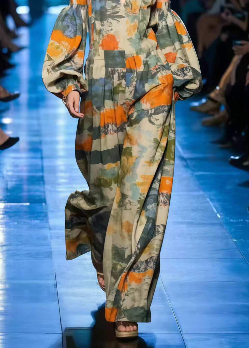 Chic Cold Shoulder Print Cotton Jumpsuit Lantern Sleeve