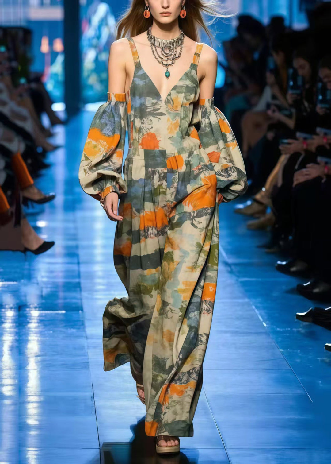 Chic Cold Shoulder Print Cotton Jumpsuit Lantern Sleeve