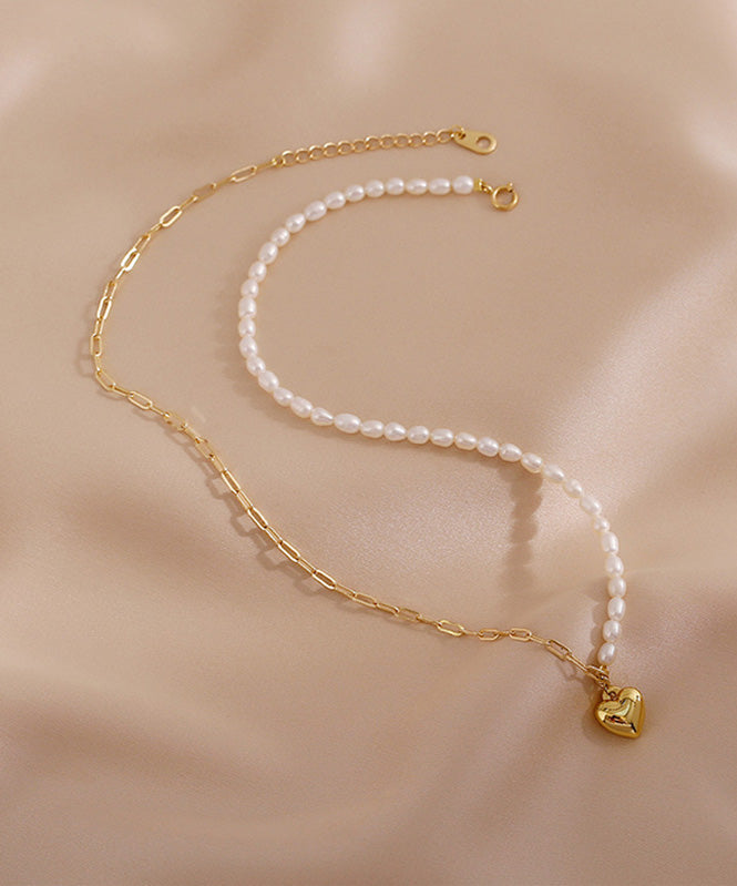 Chic Colorblock 14K Gold Asymmetrical Patchwork Pearl Love Pendant Necklace