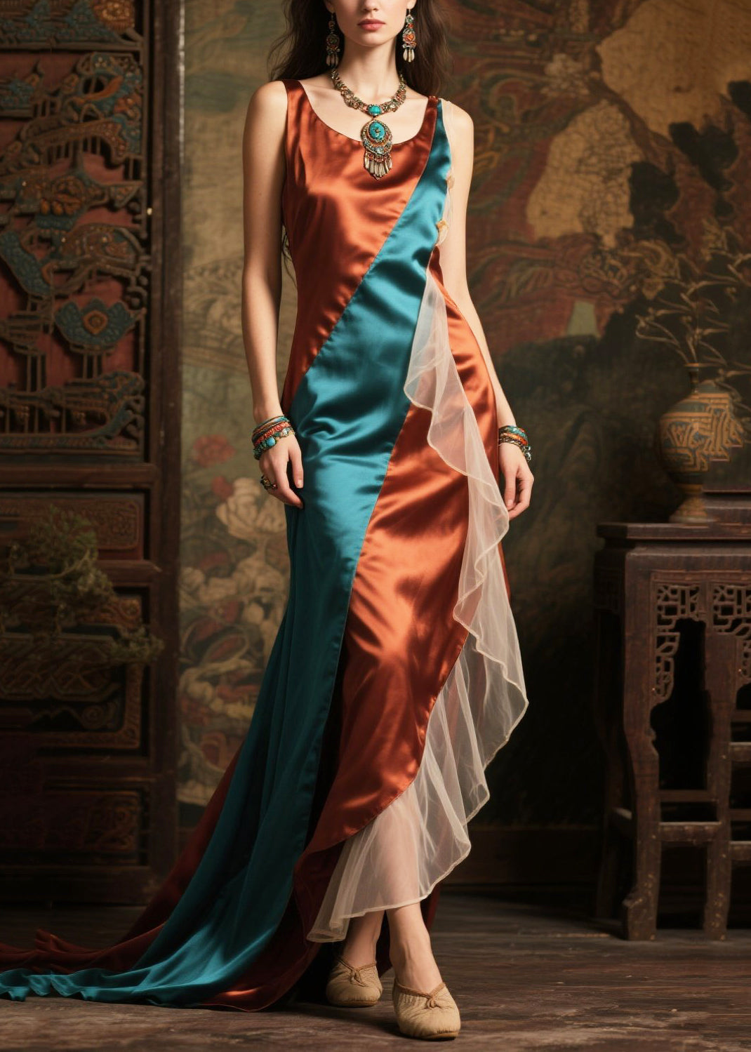 Chic Colorblock Asymmetrical Patchwork Exra Large Hem Silk Dress Summer