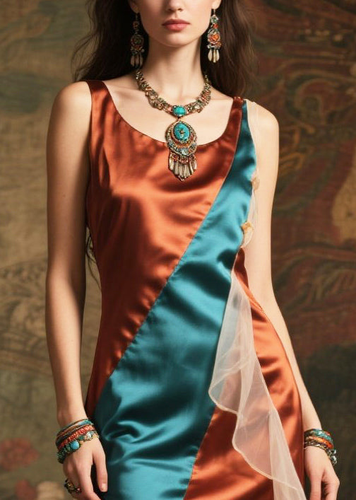 Chic Colorblock Asymmetrical Patchwork Exra Large Hem Silk Dress Summer