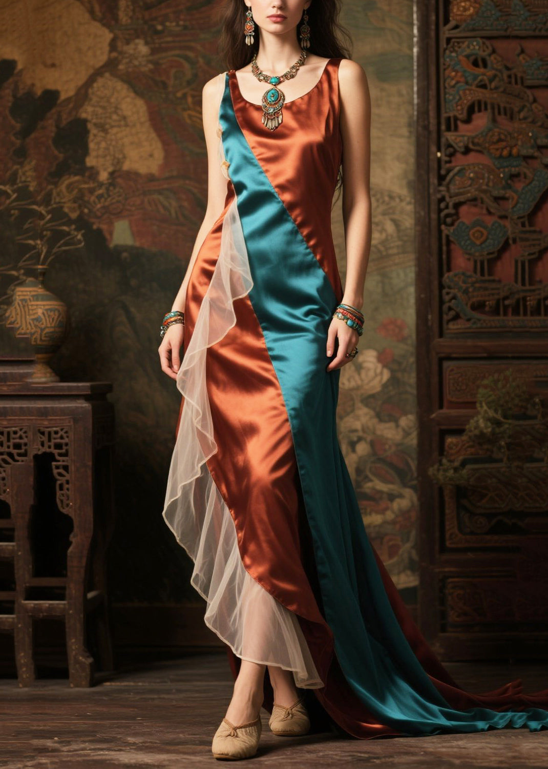 Chic Colorblock Asymmetrical Patchwork Exra Large Hem Silk Dress Summer