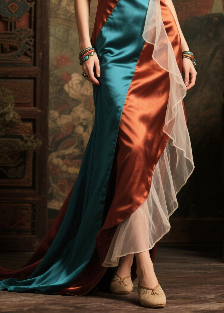 Chic Colorblock Asymmetrical Patchwork Exra Large Hem Silk Dress Summer