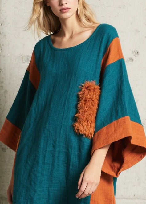 Chic Colorblock Asymmetrical Patchwork Faux Fur Dresses Batwing Sleeve