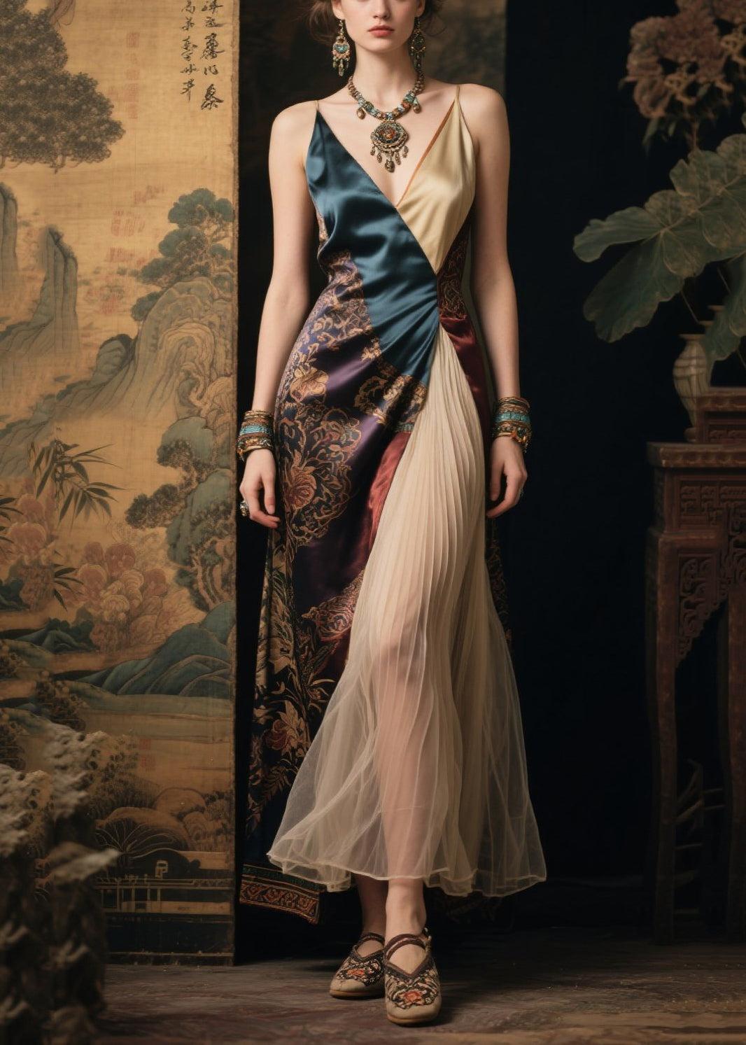 Chic Colorblock Asymmetrical Patchwork Silk Spaghetti Strap Dress Summer