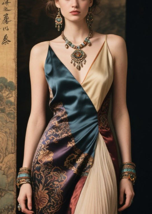 Chic Colorblock Asymmetrical Patchwork Silk Spaghetti Strap Dress Summer