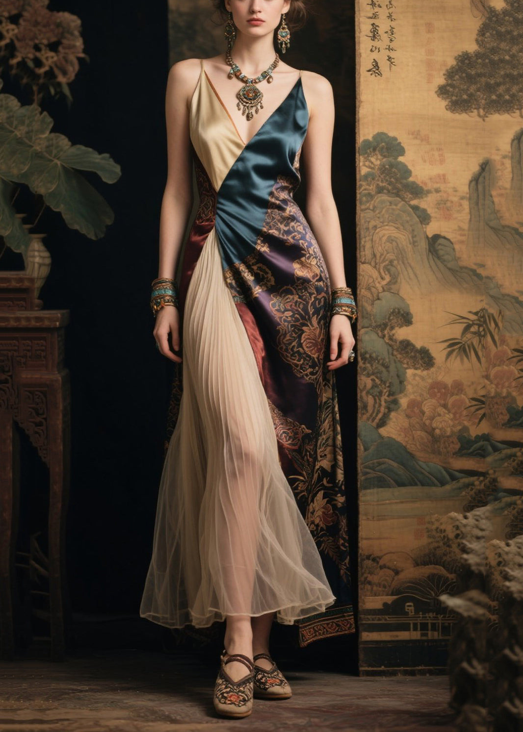 Chic Colorblock Asymmetrical Patchwork Silk Spaghetti Strap Dress Summer