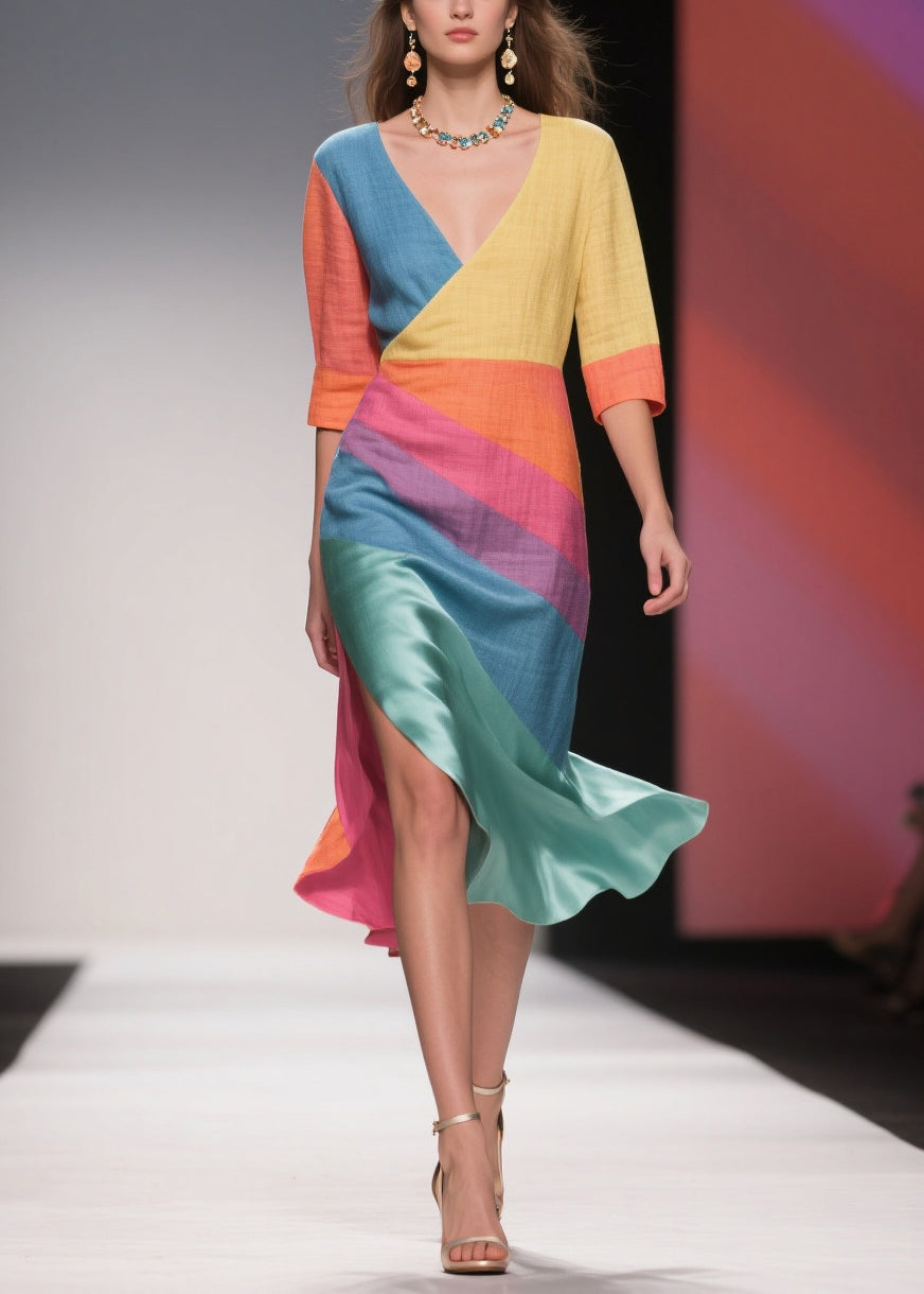 Chic Colorblock Asymmetrical Side Open Linen Silk Dress Half Sleeve