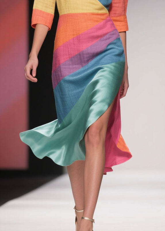 Chic Colorblock Asymmetrical Side Open Linen Silk Dress Half Sleeve