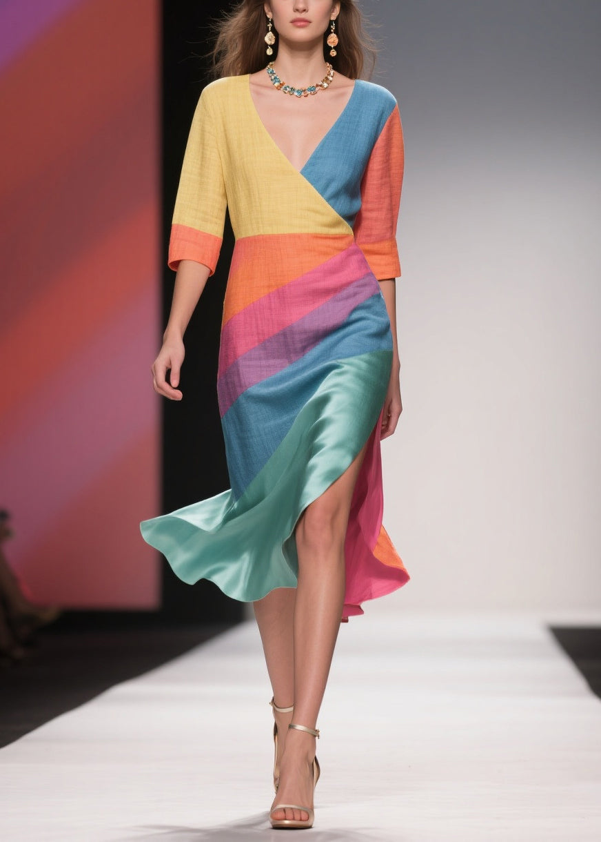 Chic Colorblock Asymmetrical Side Open Linen Silk Dress Half Sleeve