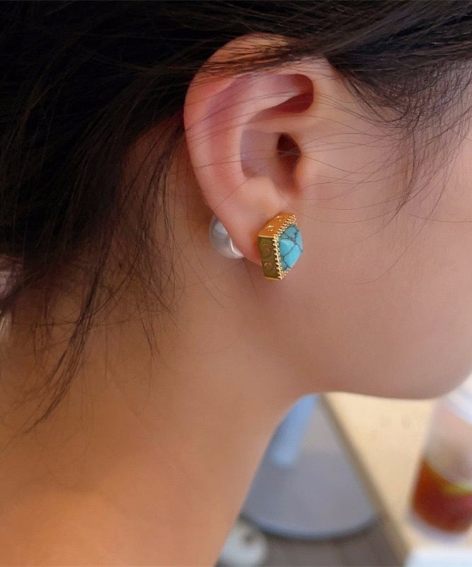 Chic Colorblock Copper Overgild Turquoise Pearl Stud Earrings