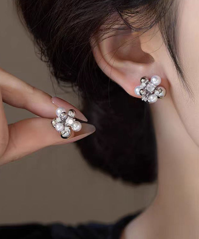 Chic Colorblock Copper Zircon Pearl Stud Earrings