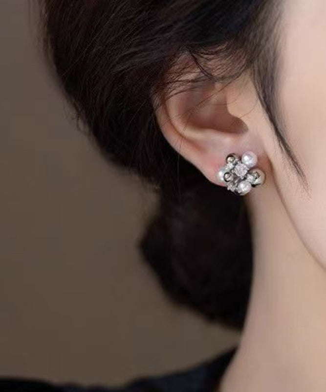 Chic Colorblock Copper Zircon Pearl Stud Earrings