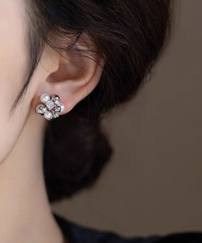 Chic Colorblock Copper Zircon Pearl Stud Earrings