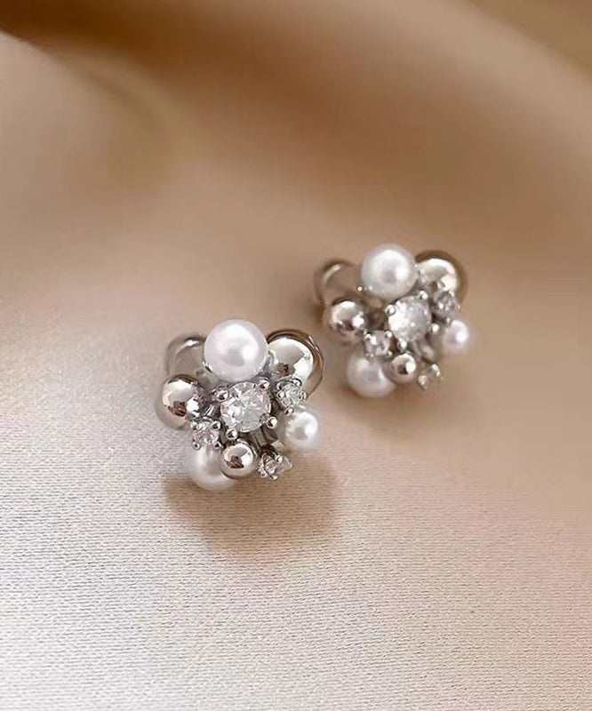 Chic Colorblock Copper Zircon Pearl Stud Earrings