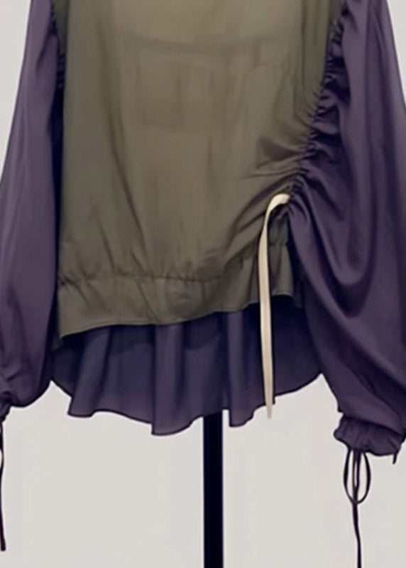 Chic Colorblock Drawstring Patchwork Shirt Lantern Sleeve