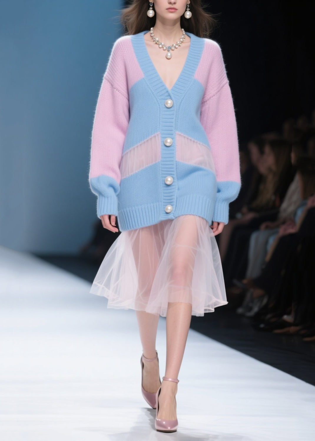 Chic Colorblock Hollow Out Patchwork Tulle Knitwear Dress Fall
