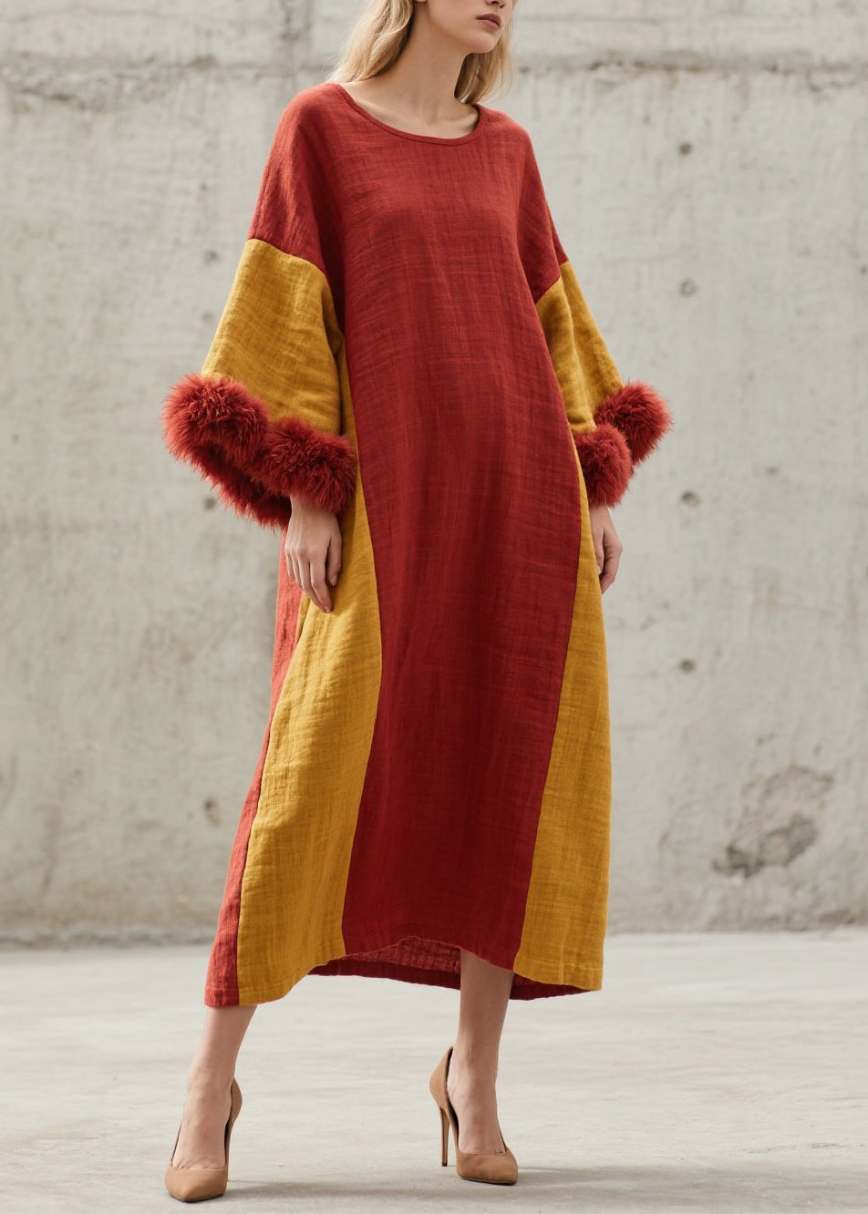 Chic Colorblock O Neck Fuzzy Fur Patchwork Cotton Long Dresses Fall