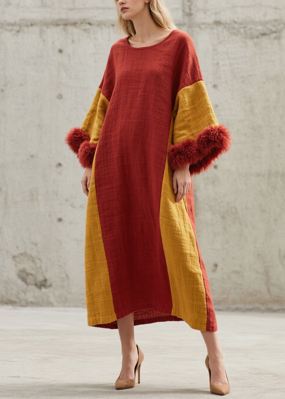 Chic Colorblock O Neck Fuzzy Fur Patchwork Cotton Long Dresses Fall