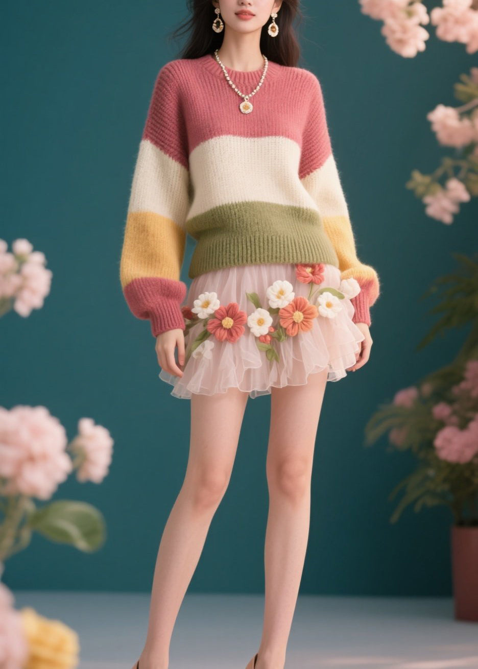 Chic Colorblock O Neck Knit Short Sweaters Winter