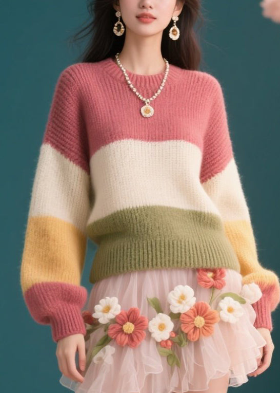 Chic Colorblock O Neck Knit Short Sweaters Winter